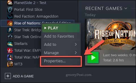A Steam game properties option