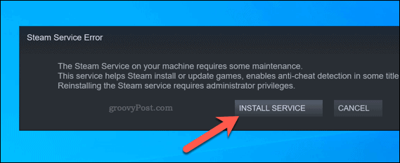 Steam service error reinstall service option