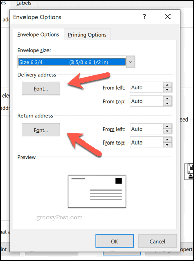 Changing envelope address fonts in Word