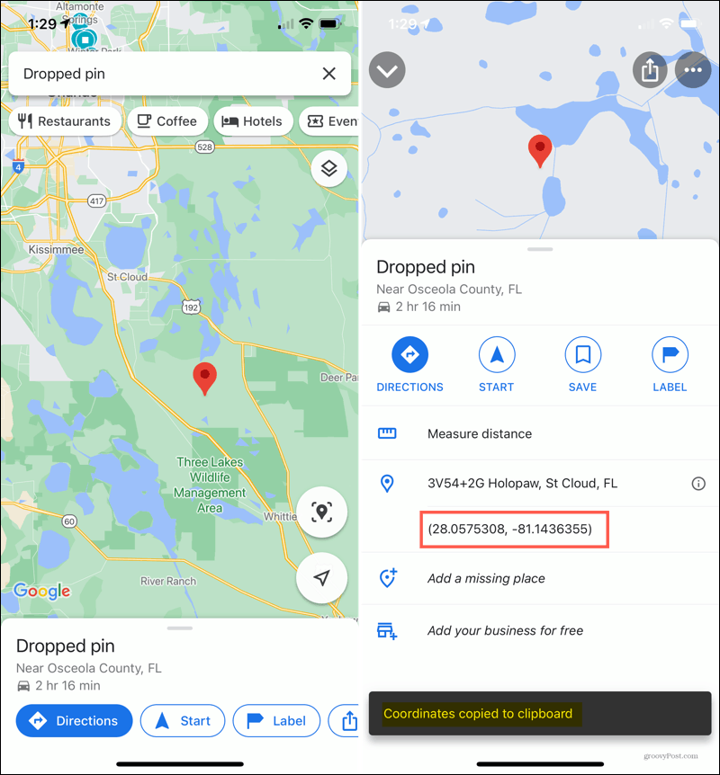 iPhone Dropped Pin in Google Maps