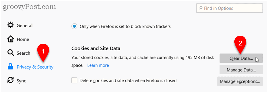 Click Clear Data in Firefox