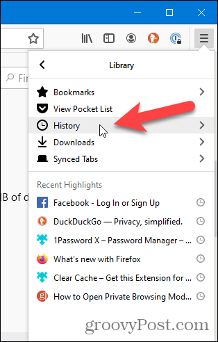 Select History on Library menu in Firefox