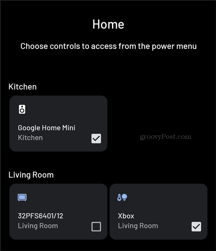 Android Smart Home controls add menu
