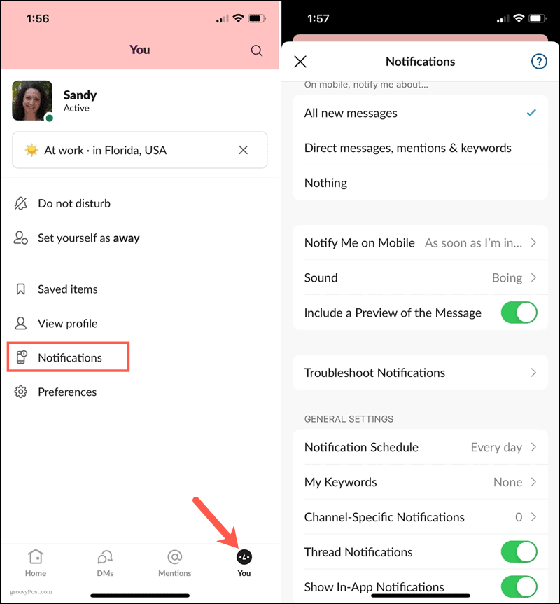 Notifications in Slack on Mobile