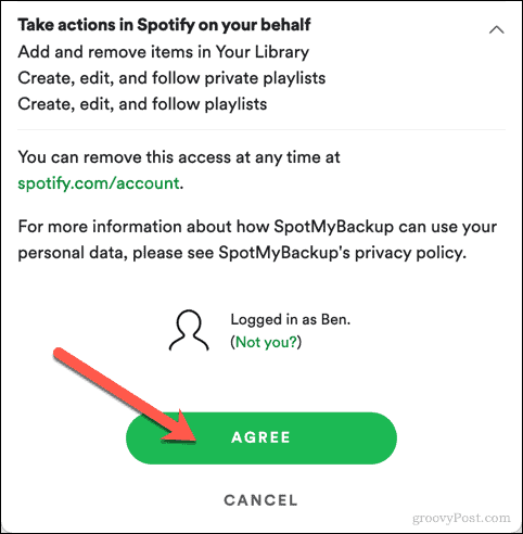 Approving SpotMyBackup access to Spotify
