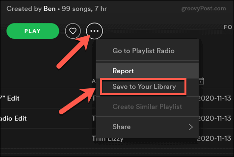 Saving a Spotify Playlist to a user library