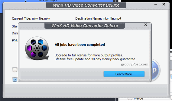 Confirmation of a successful WinX video conversion