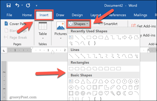 Inserting a new shape in Word