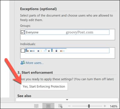 Start Enforcement Protection Option in Word