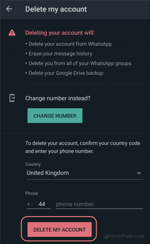 Delete WhatsApp Account Settings confirm deletin