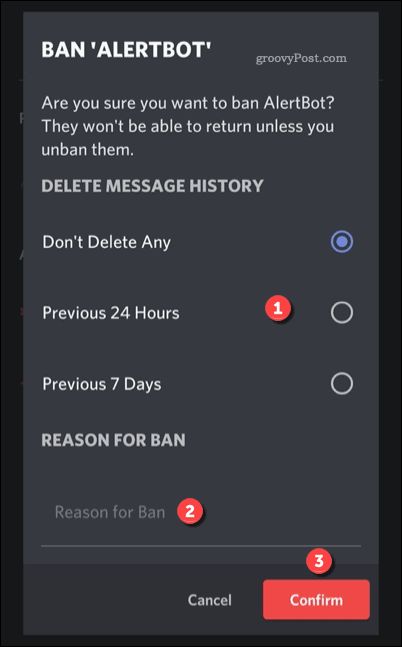 Options for banning a user on Discord