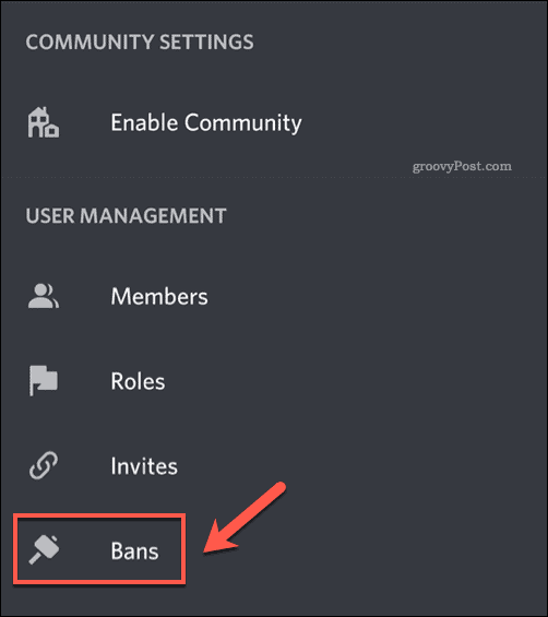 The Bans menu option in the Discord app settings menu