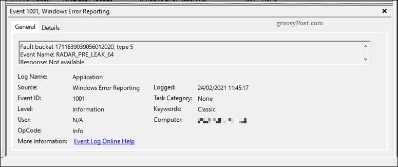 An example of a Windows error report