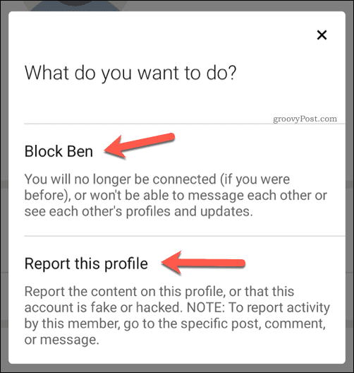 Choosing to block or report a user in LinkedIn