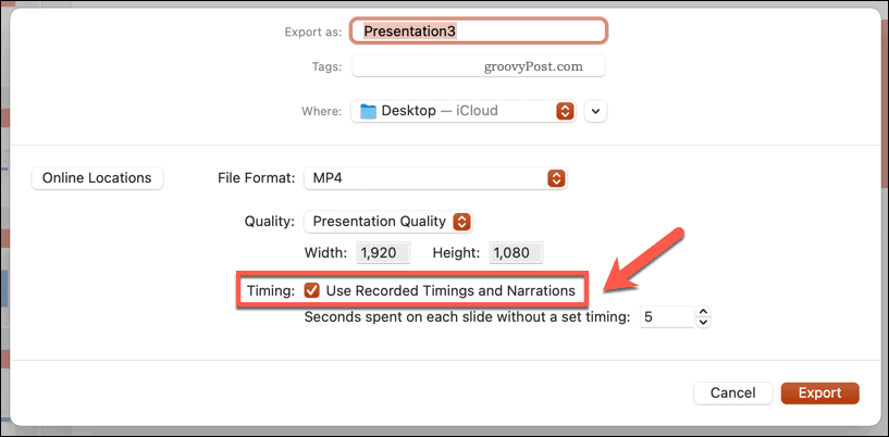 Using recorded timings for an exported video in PowerPoint on Mac
