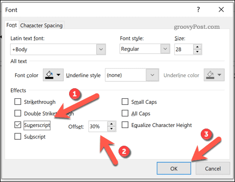 Options for adding subscript or superscript text in PowerPoint on Windows