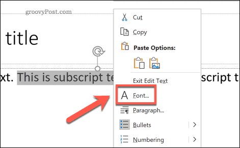Accessing the Font options menu in PowerPoint on Windows via the pop-up options menu