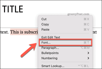 Accessing the Fonts options menu in Powerpoint on Mac