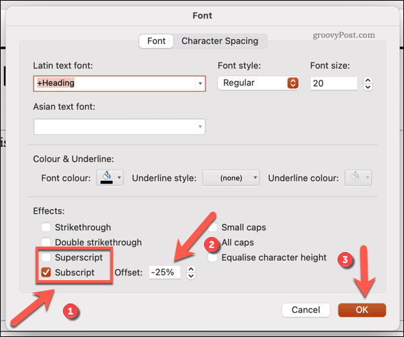 Changing font to subscript or superscript in Powerpoint on Mac