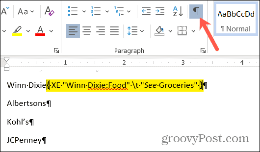 Show Paragraph Button for Index Entry