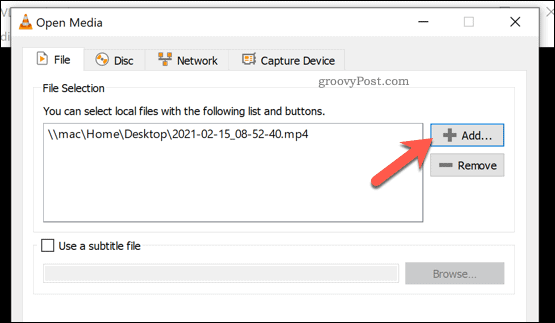 Adding a file to convert in VLC on Windows