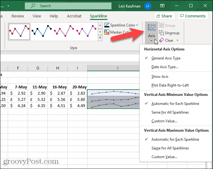 Axis button on Sparkline tab in Excel