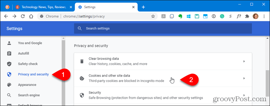 Click Cookies and site data in Privacy and security settings in Chrome
