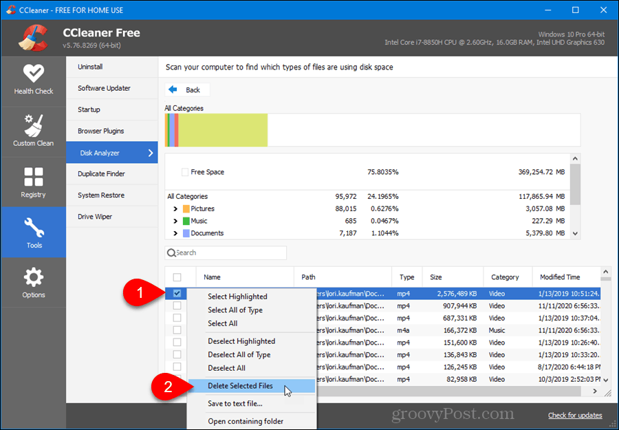 Disk Analyzer results in CCleaner