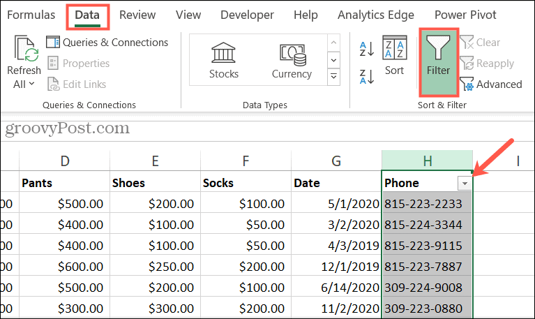 Click Filter on the Data tab