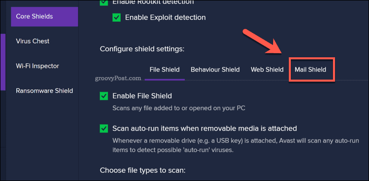 Opening Avast's mail shield settings
