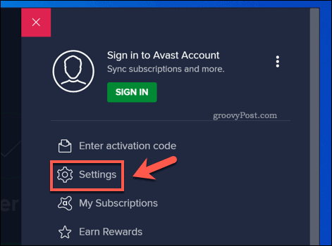 Opening the Avast settings menu