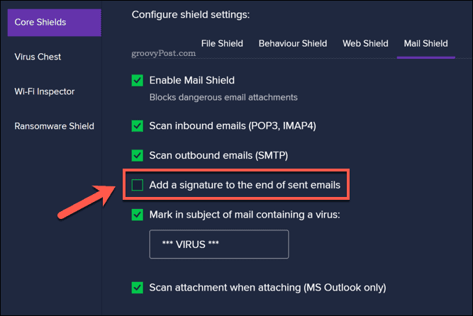 Removing the email signature from Avast