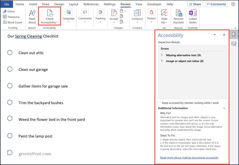 Check Accessibility and Results in Word