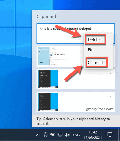 Clearing the clipboard history in Windows 10