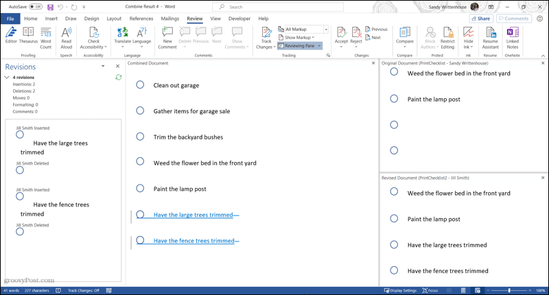 Combine document revisions in Word