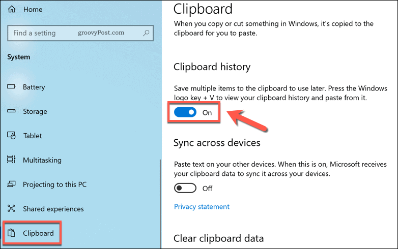 Enabling clipboard history in Windows 10