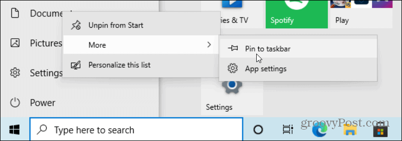 pin settings to taskbar windows 10