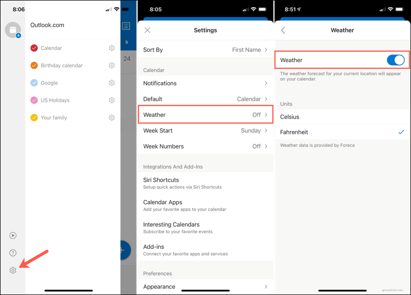 Settings for Calendar, Weather in Outlook on iPhone