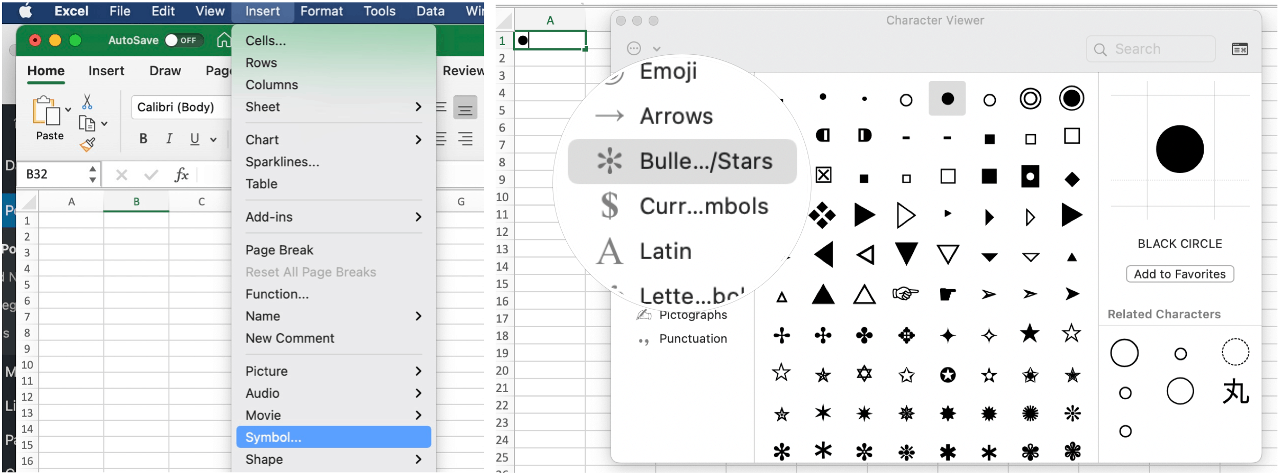 Insert bullets in Microsoft Excel on Mac