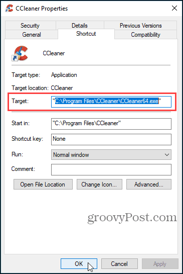 Get CCleaner path from Target in shortcut properties