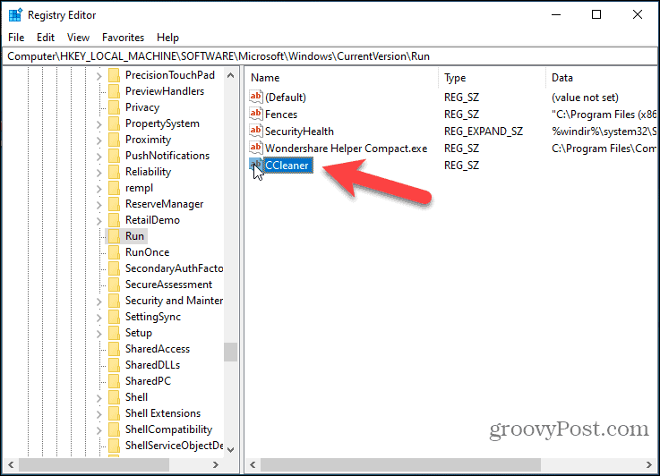 Name new entry CCleaner in the Registry Editor