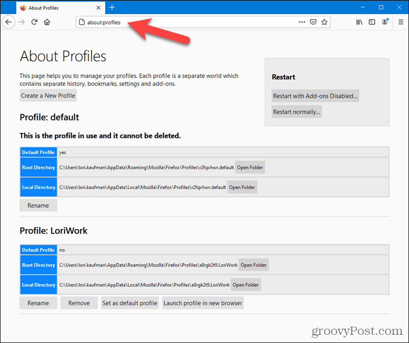 About Profiles screen in Firefox