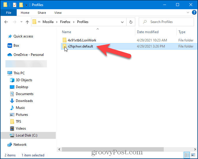 Select the Firefox profile folder in File Explorer