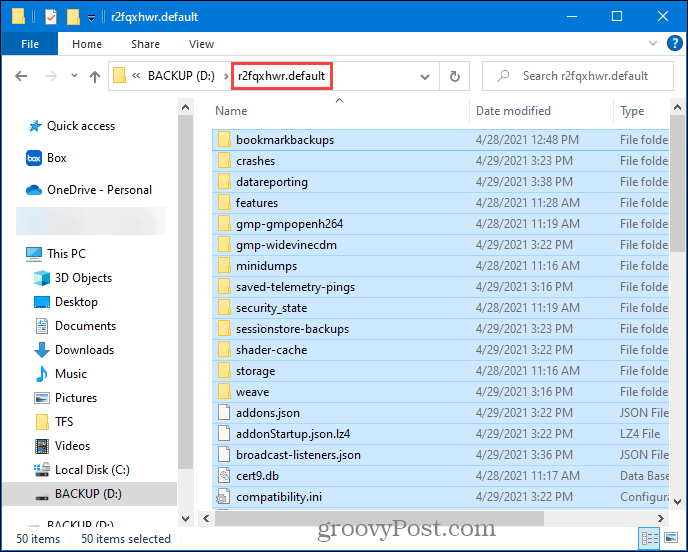 Select the contents of the Firefox profile folder and copy