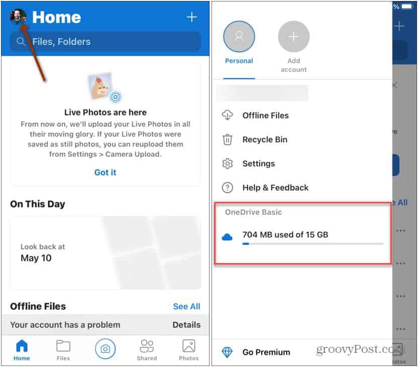 View OneDrive Storage Space Mobile