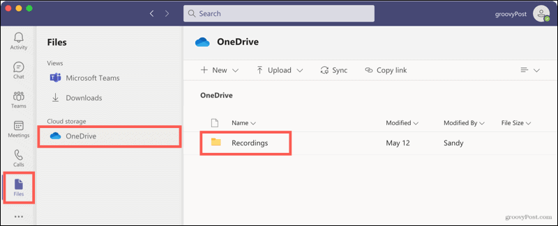 Files, OneDrive, Recordings in Teams