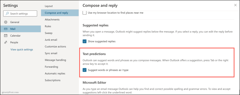 Enable Text Predictions in Outlook on the web