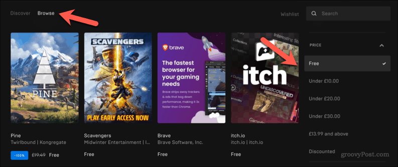 The Epic Games Store website, showing games for purchase