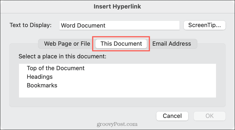 Link to a document location in Word on Mac