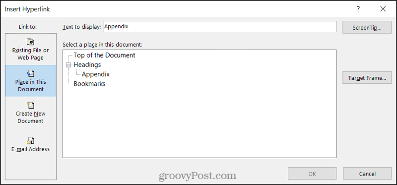 Link to a document location in Word on Windows